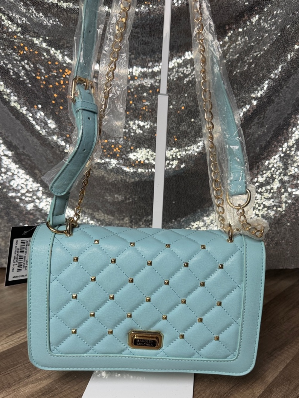 Badgley Mischka Quilted Light Blue Crossbody with Gold Hardware